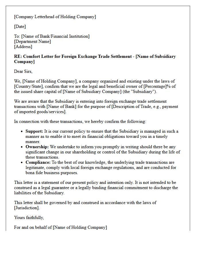 Holding Company Comfort Letter for Foreign Exchange Trade Settlement