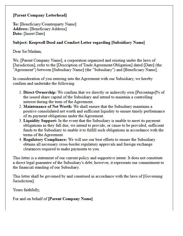 Keepwell Comfort Letter for Cross-Border Trade Obligations