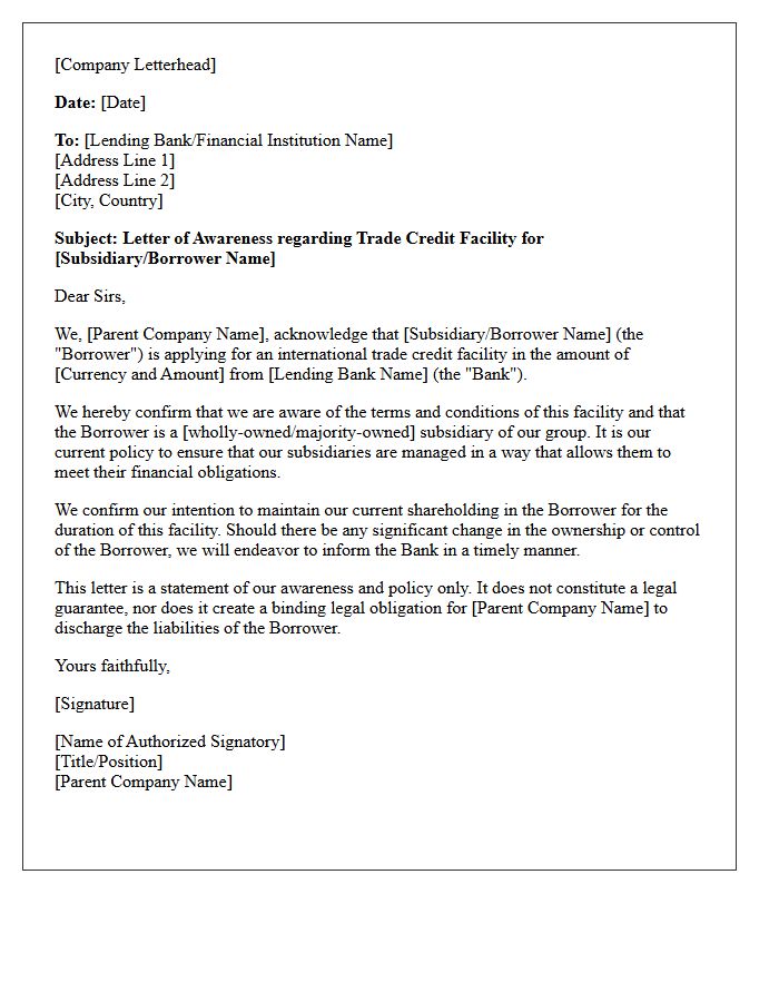 Letter of Awareness for International Trade Credit Facility