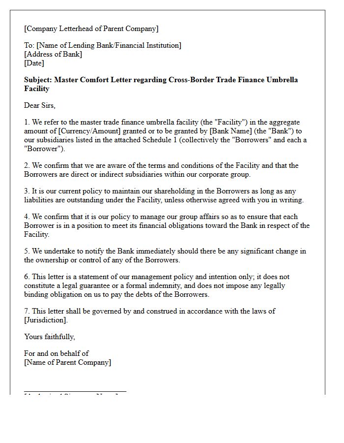 Master Comfort Letter for Cross-Border Trade Finance Umbrella Facility