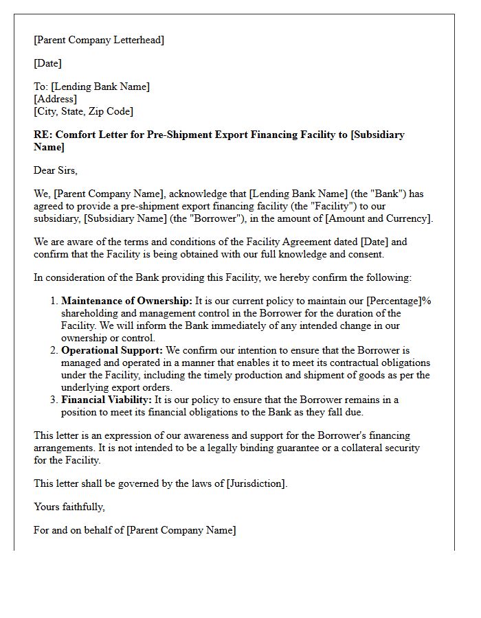 Parent Comfort Letter for Pre-Shipment Export Financing