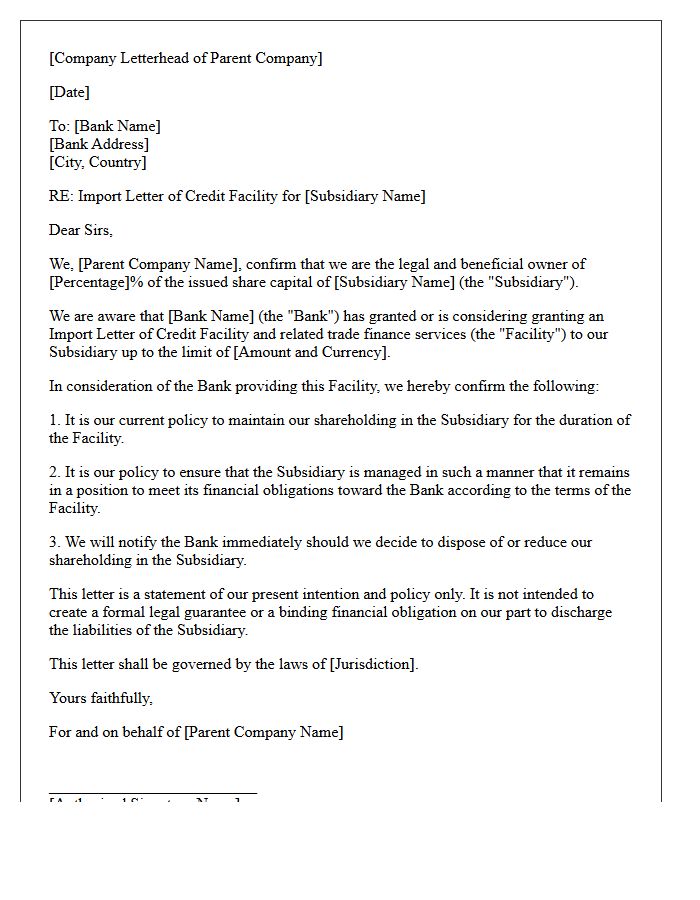Parent Company Comfort Letter for Import Letter of Credit Facility
