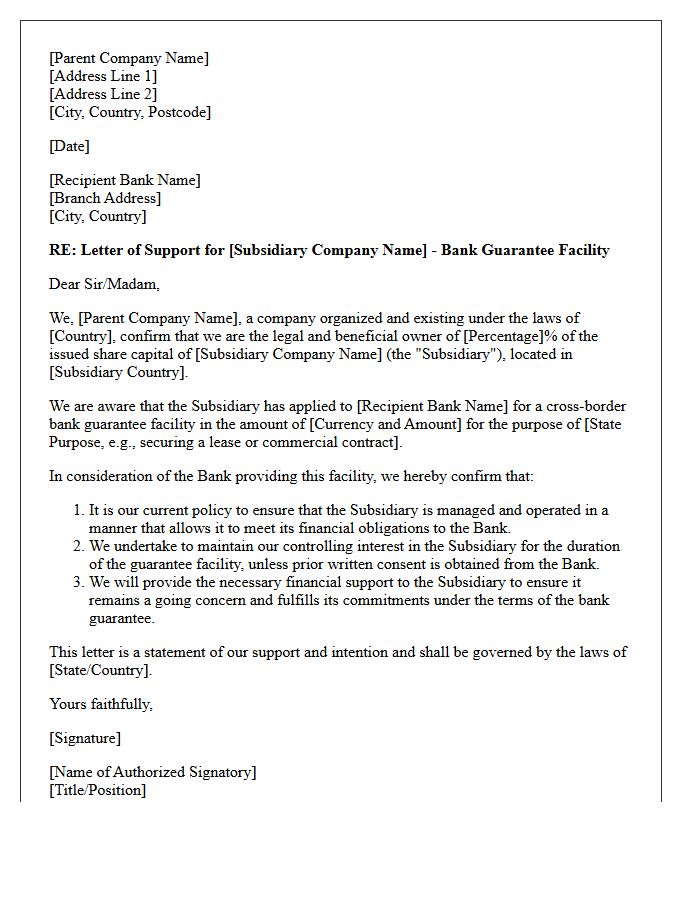 Parent Support Letter for Cross-Border Bank Guarantee