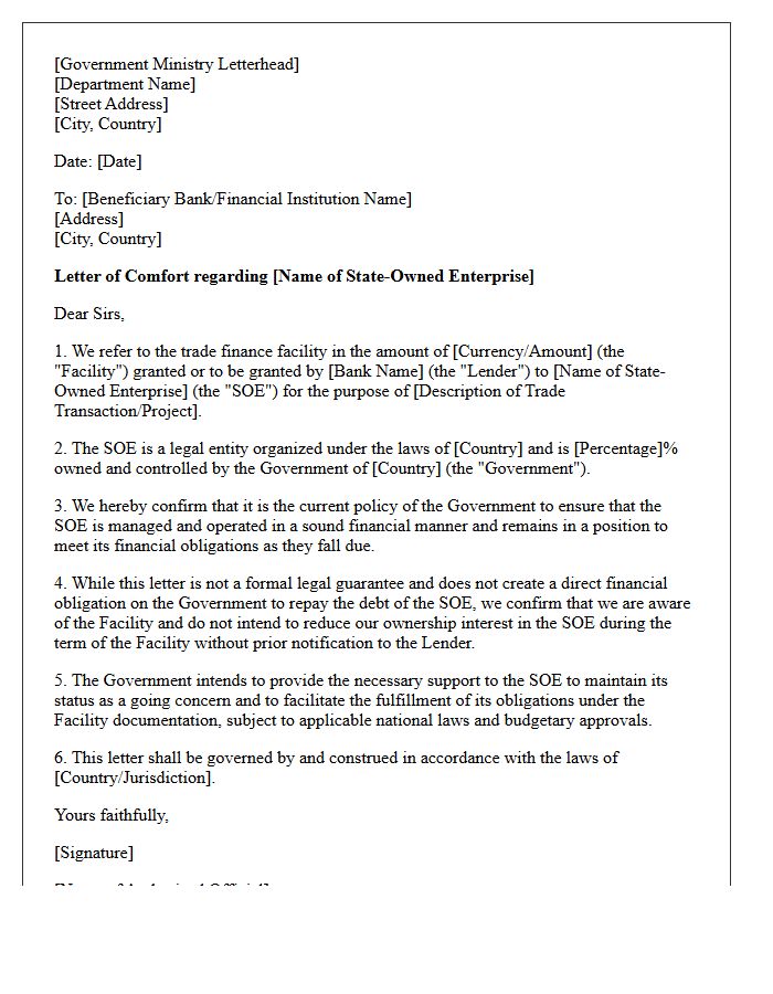 Sovereign Comfort Letter for State-Owned Enterprise Trade Finance
