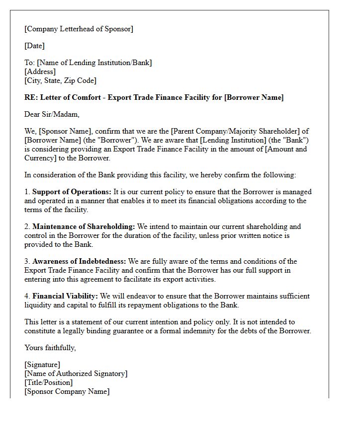 Sponsor Comfort Letter for Export Trade Finance Facility