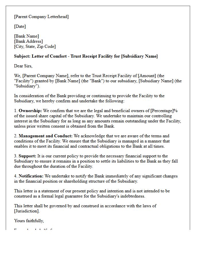 Subsidiary Support Comfort Letter for Trust Receipt Facility