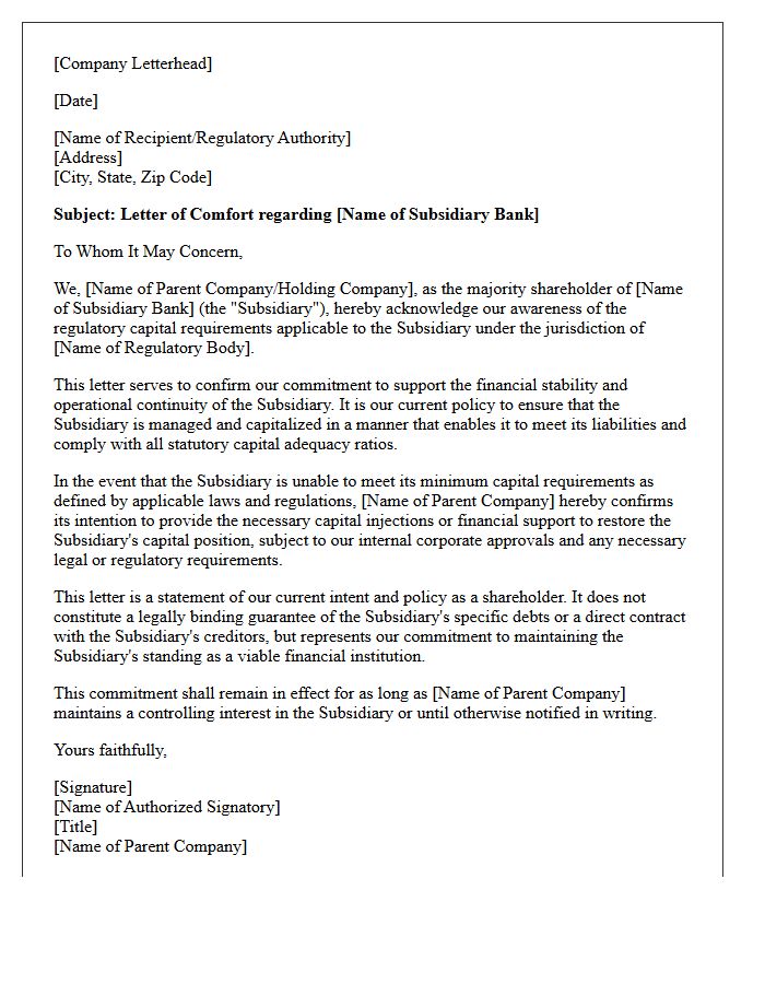 Capital Injection Guarantee Comfort Letter for Subsidiary Banks