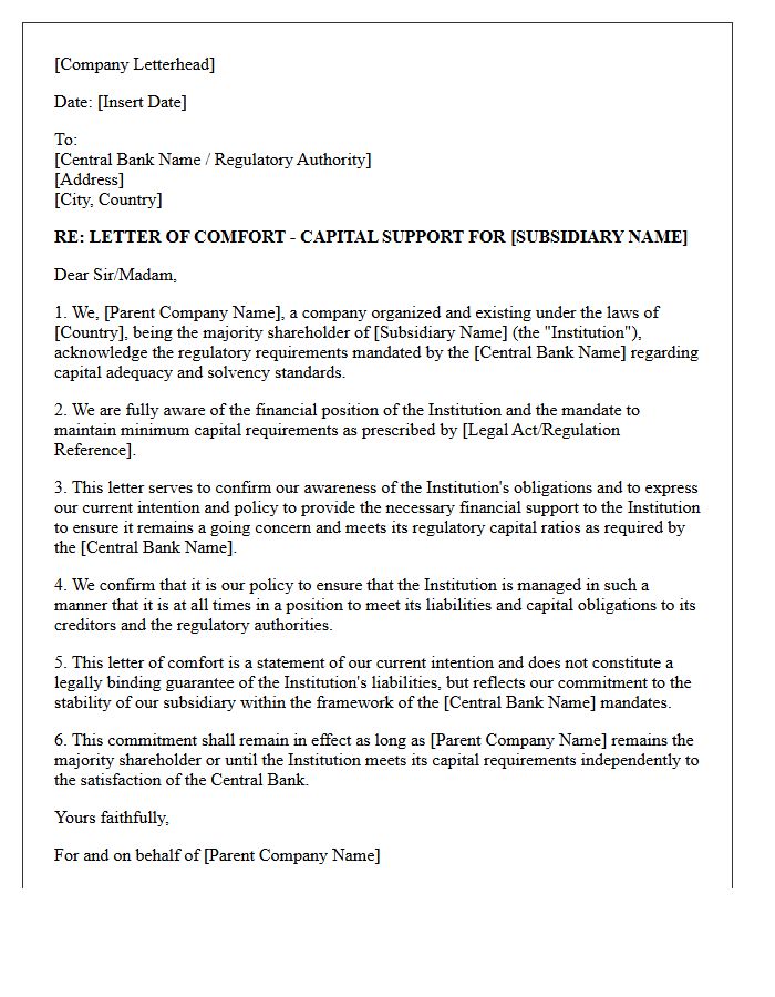 Central Bank Mandated Capital Support Comfort Letter