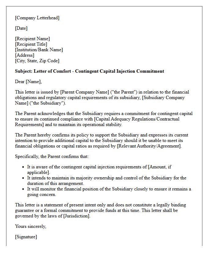 Comfort Letter for Contingent Capital Injection Requirements