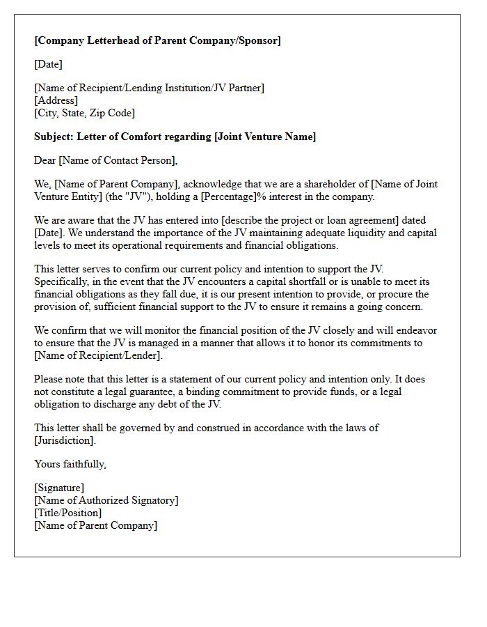 Comfort Letter for Joint Venture Capital Shortfall Funding