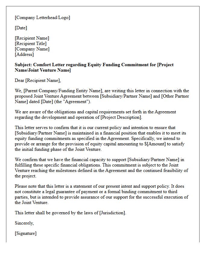 Comfort Letter for Joint Venture Equity Funding Commitment