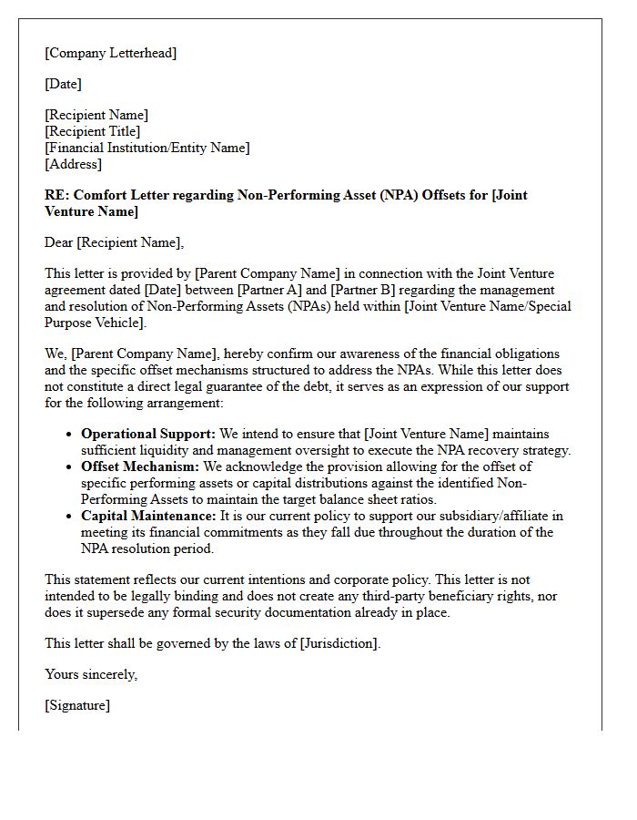 Comfort Letter for Joint Venture Non-Performing Asset Offsets