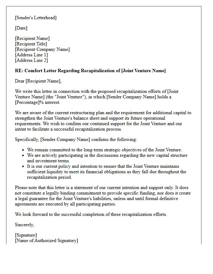 Comfort Letter for Joint Venture Recapitalization Efforts