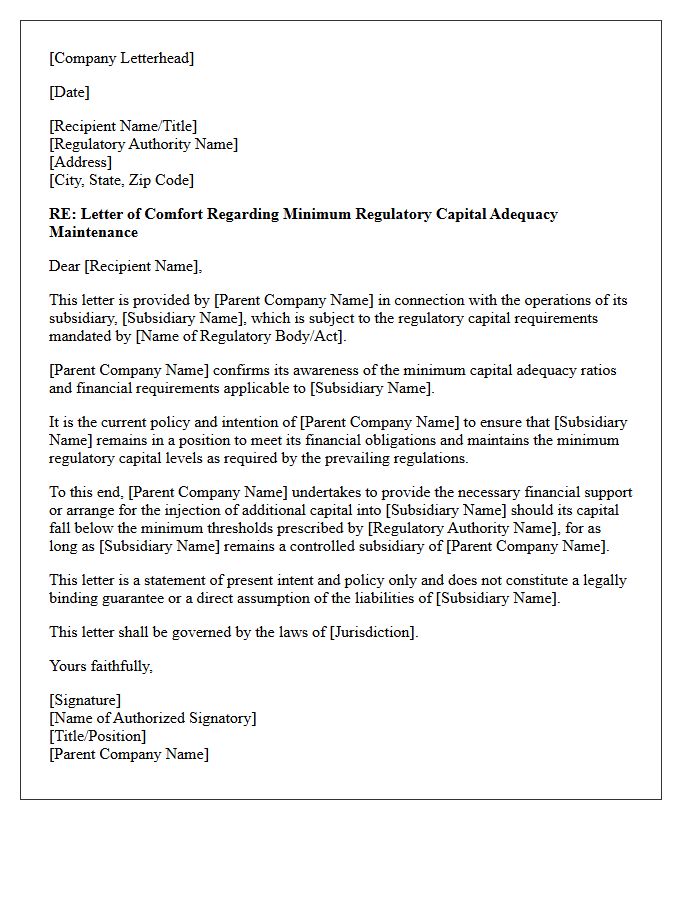 Comfort Letter for Minimum Regulatory Capital Adequacy Maintenance