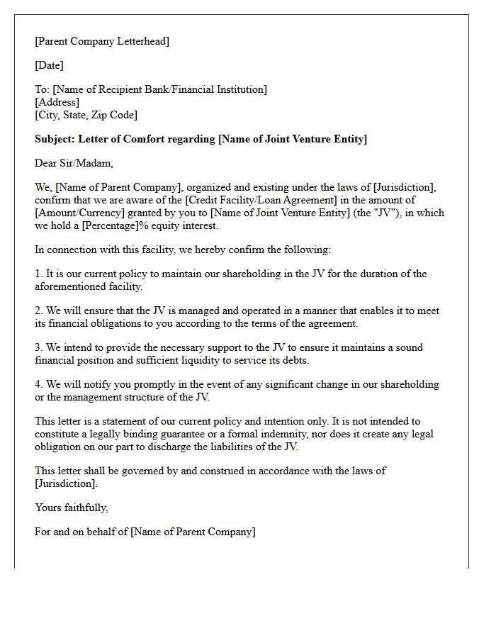 Financial Support Comfort Letter for Banking Joint Ventures