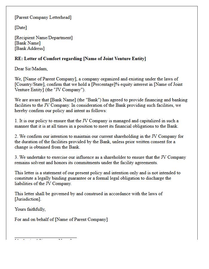 Parental Comfort Letter for Banking Joint Venture Capitalization