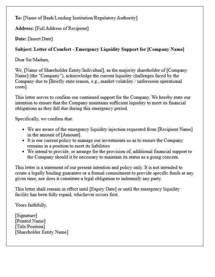 Shareholder Comfort Letter for Emergency Liquidity Injections