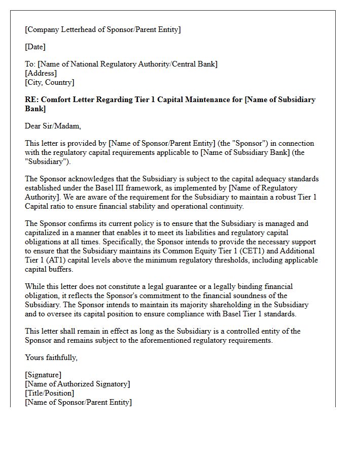 Sponsor Comfort Letter for Basel Tier One Capital Maintenance