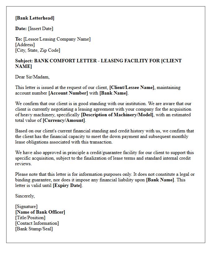 Bank Comfort Letter for Heavy Machinery Leasing Agreements