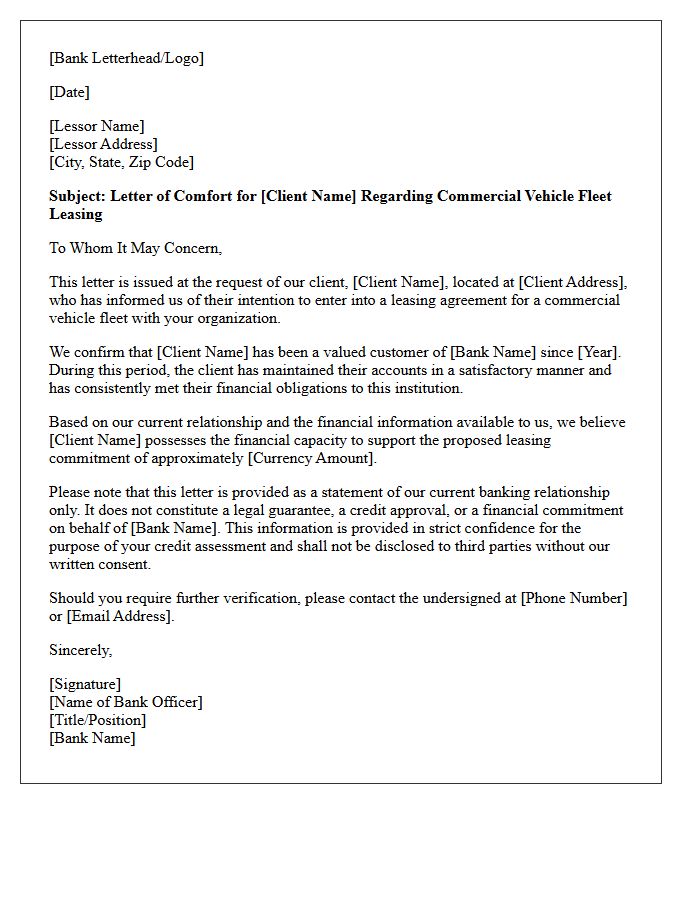 Banking Comfort Letter for Commercial Vehicle Fleet Leasing