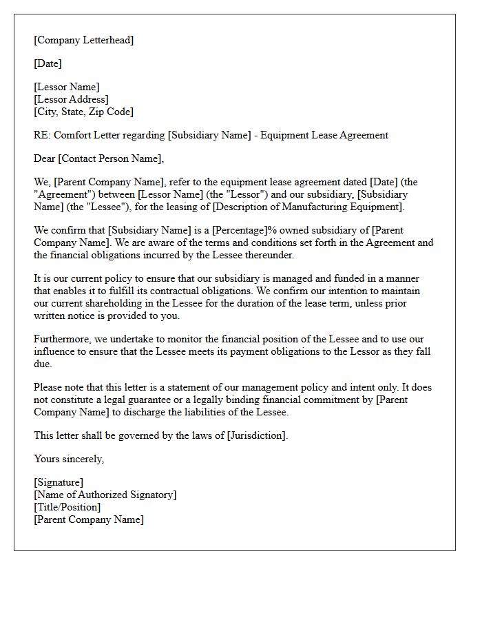 Corporate Comfort Letter for Manufacturing Equipment Leasing