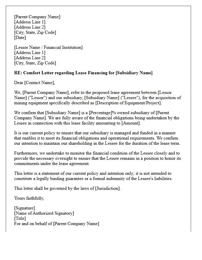 Credit Support Comfort Letter for Mining Equipment Leasing