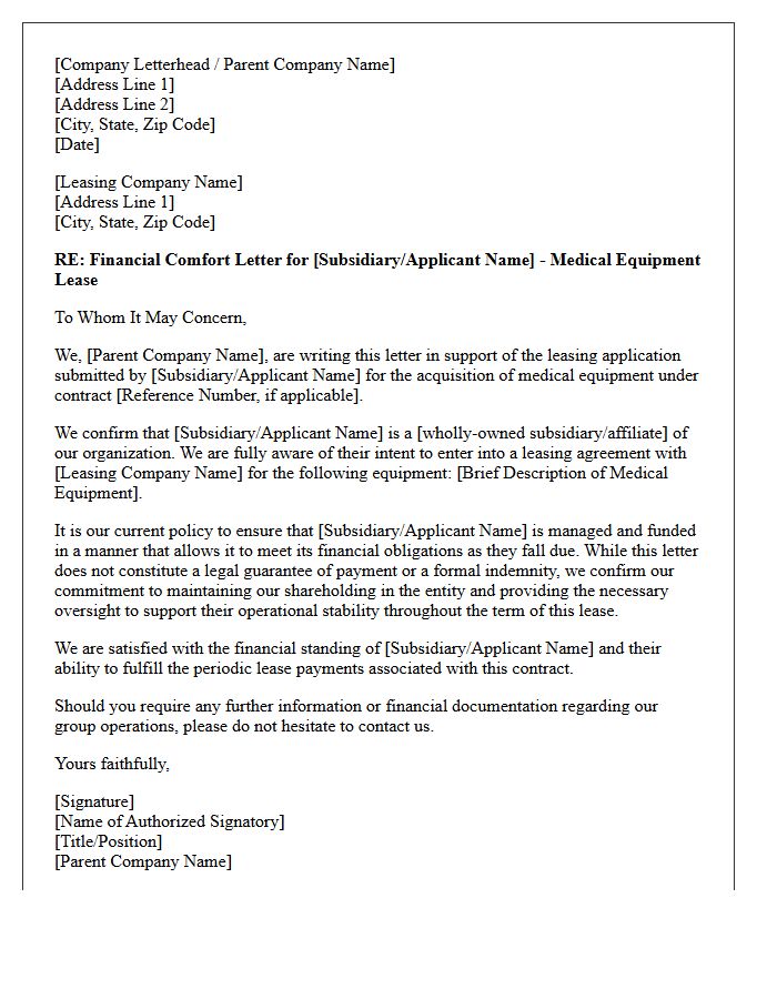 Financial Comfort Letter for Medical Equipment Leasing Contracts