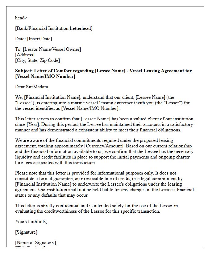 Financial Institution Comfort Letter for Marine Vessel Leasing Agreements