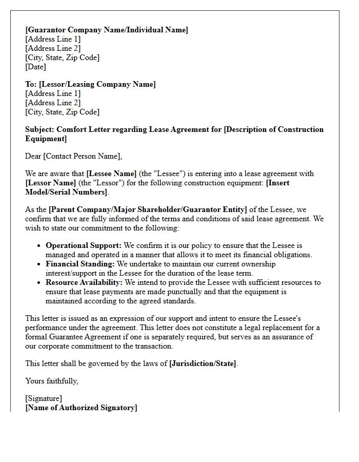 Guarantor Comfort Letter for Construction Equipment Leasing Agreements