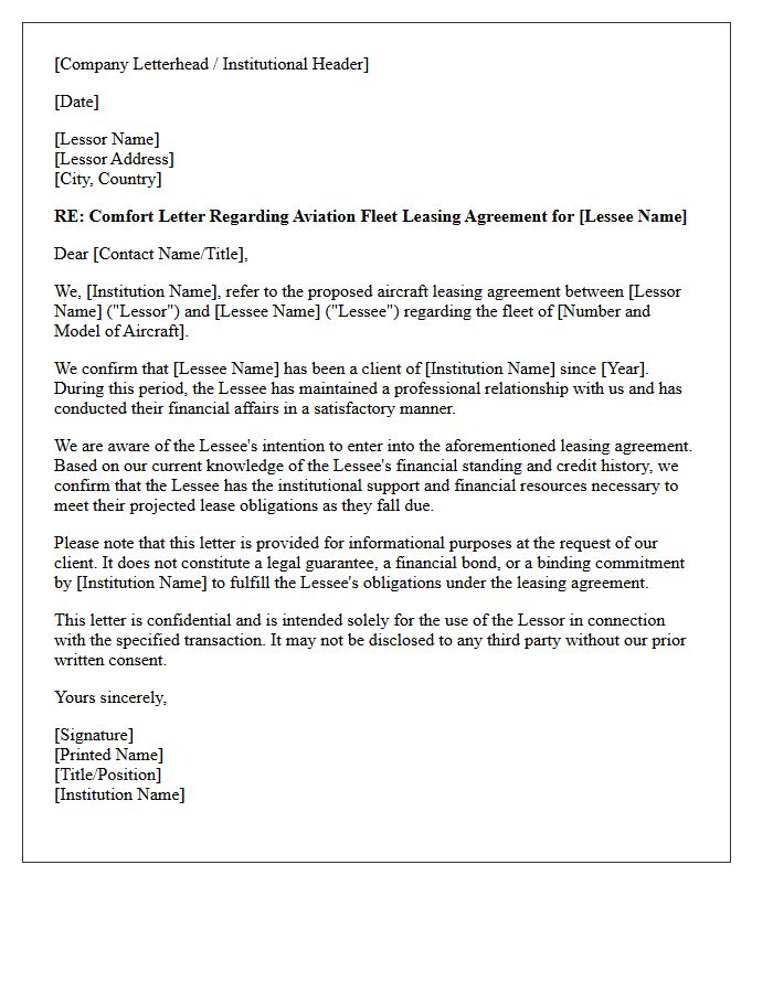 Institutional Comfort Letter for Aviation Fleet Leasing Agreements