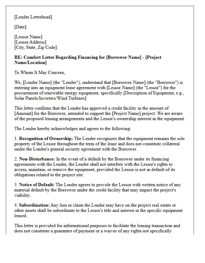 Lender Comfort Letter for Renewable Energy Equipment Leasing