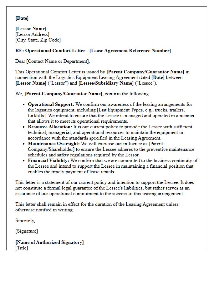 Operational Comfort Letter for Logistics Equipment Leasing Agreements