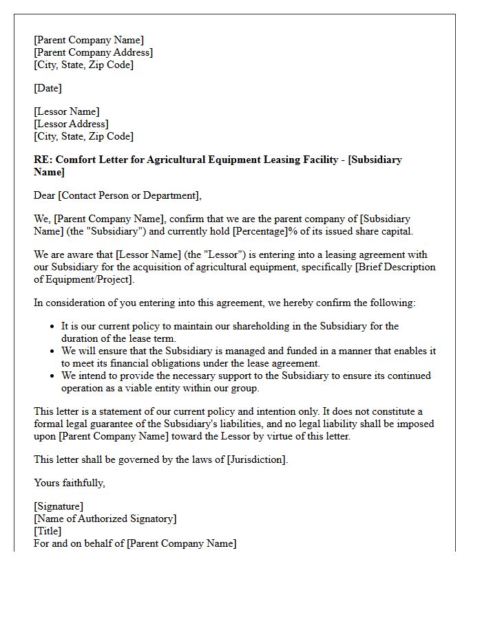 Parent Company Comfort Letter for Agricultural Equipment Leasing
