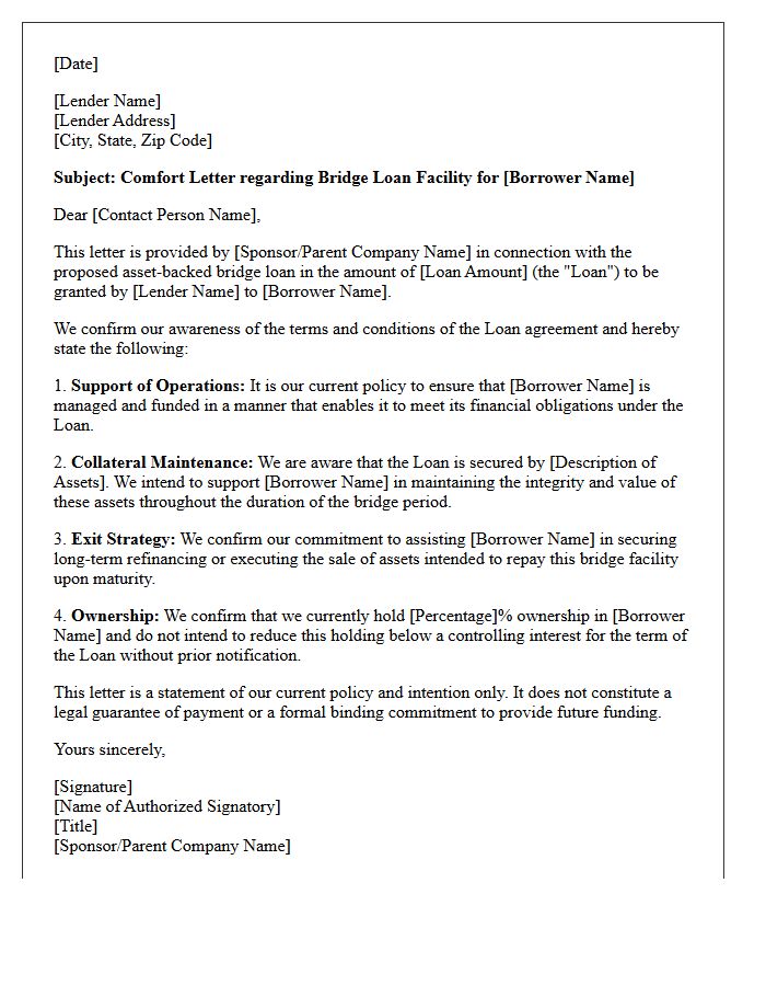 Asset-Backed Bridge Loan Comfort Letter