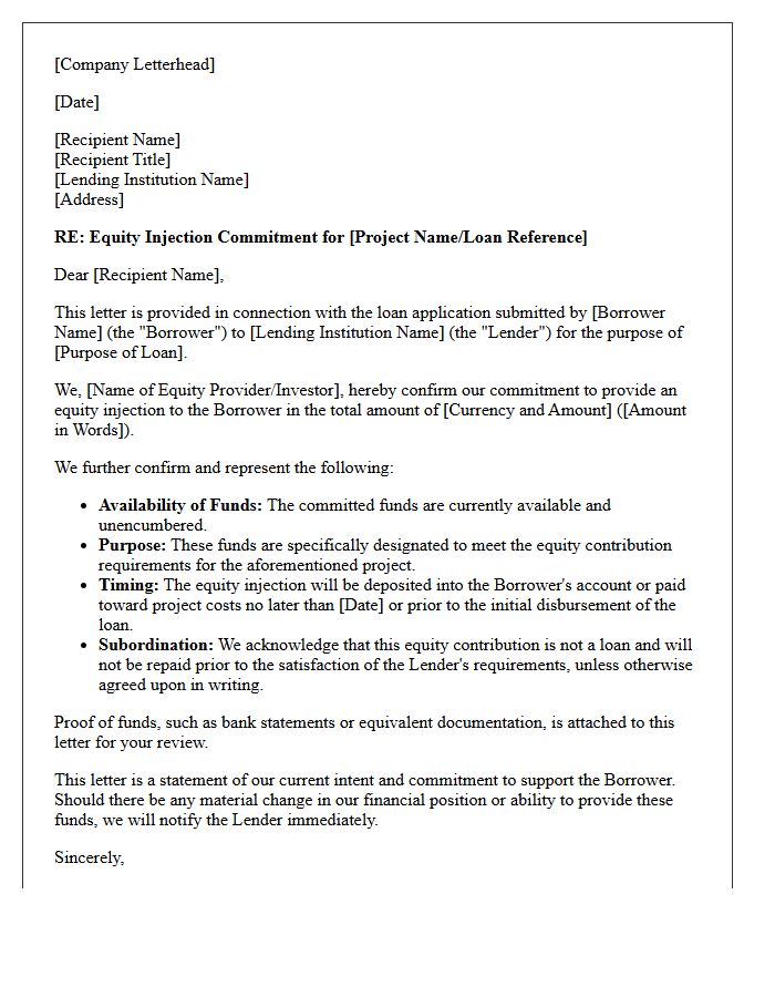Equity Injection Commitment Comfort Letter