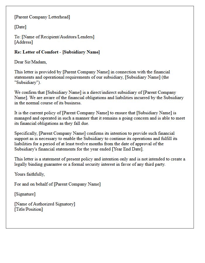 Parent Company Support Comfort Letter
