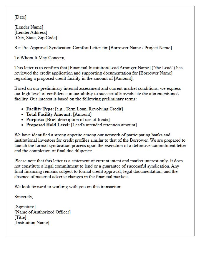Pre-Approval Syndication Comfort Letter