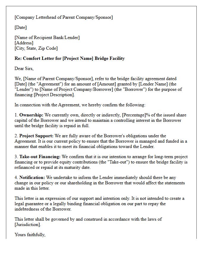 Project Finance Bridge Facility Comfort Letter