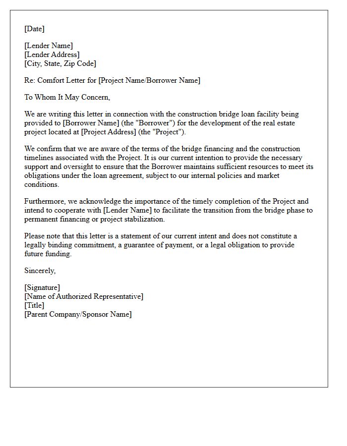 Real Estate Construction Bridge Comfort Letter