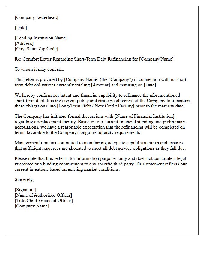 Short-Term Debt Refinancing Comfort Letter