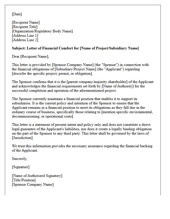 Sponsor Financial Assurance Comfort Letter