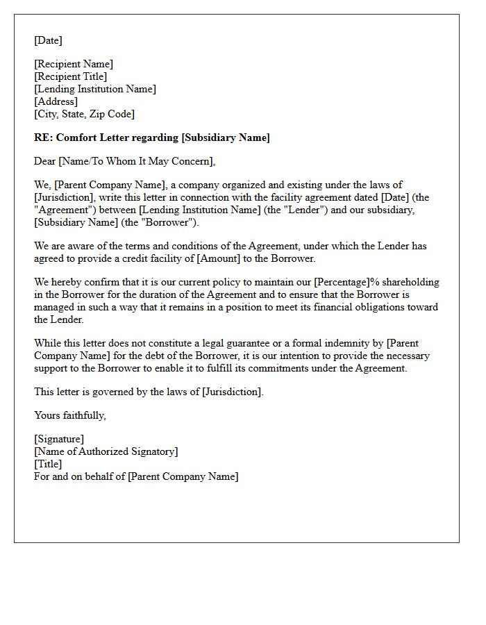 Subsidiary Debt Obligation Comfort Letter