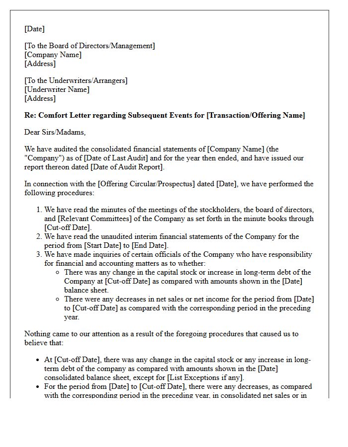 Subsequent Events Comfort Letter