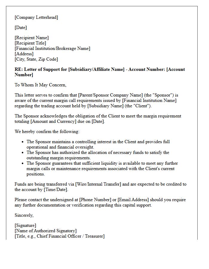 Corporate Sponsor Support Letter for Margin Call Requirements