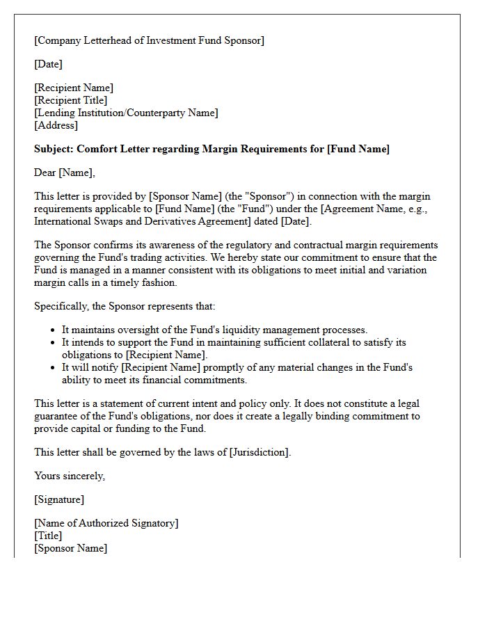 Investment Fund Sponsor Comfort Letter for Margin Requirements