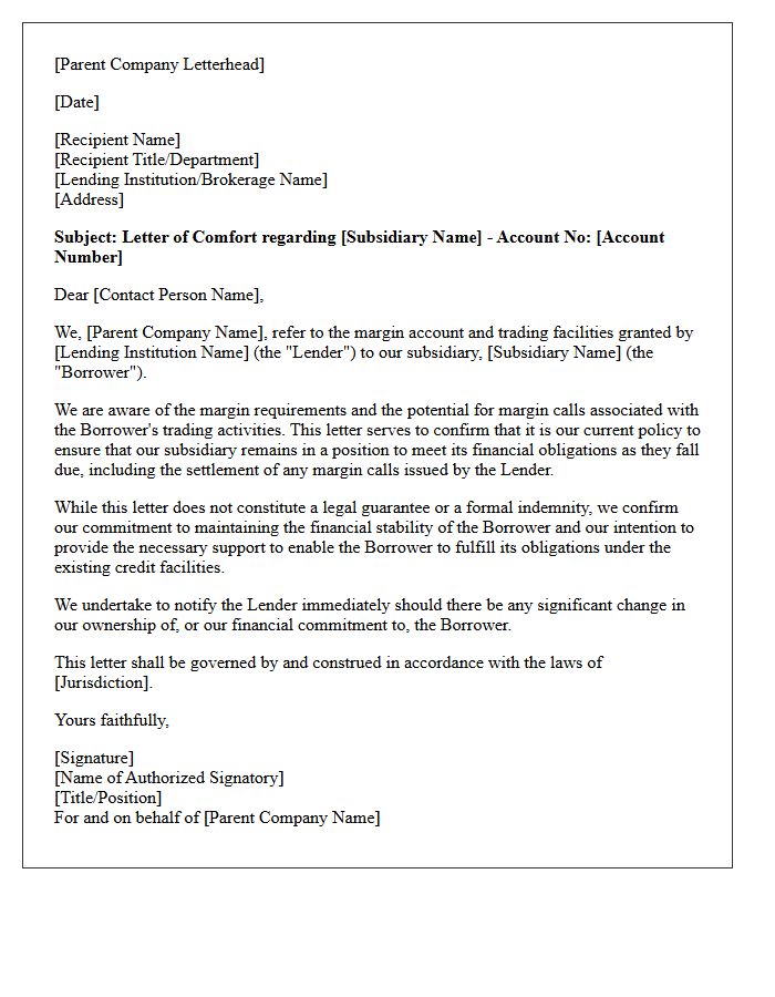 Parent Company Comfort Letter for Margin Call Requirements