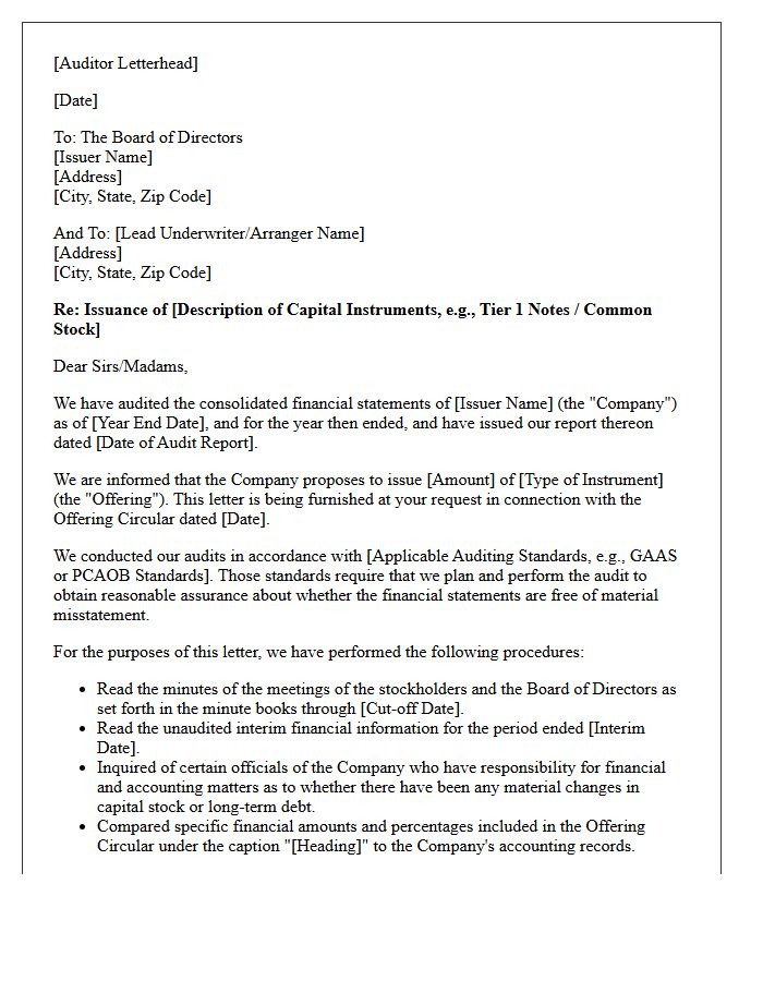 Auditor Comfort Letter for Capital Instrument Issuance
