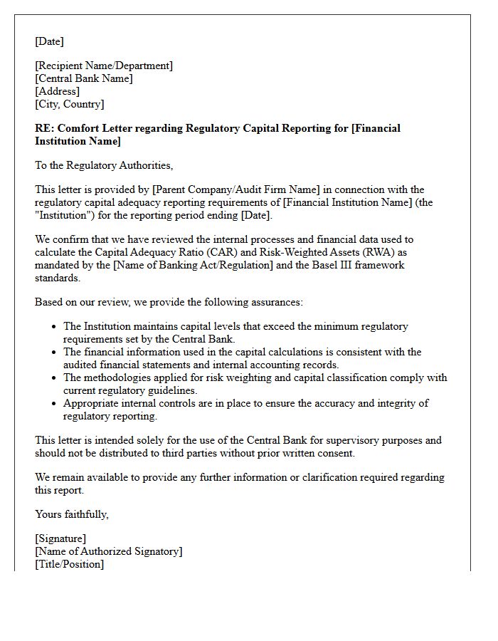 Central Bank Regulatory Capital Reporting Comfort Letter