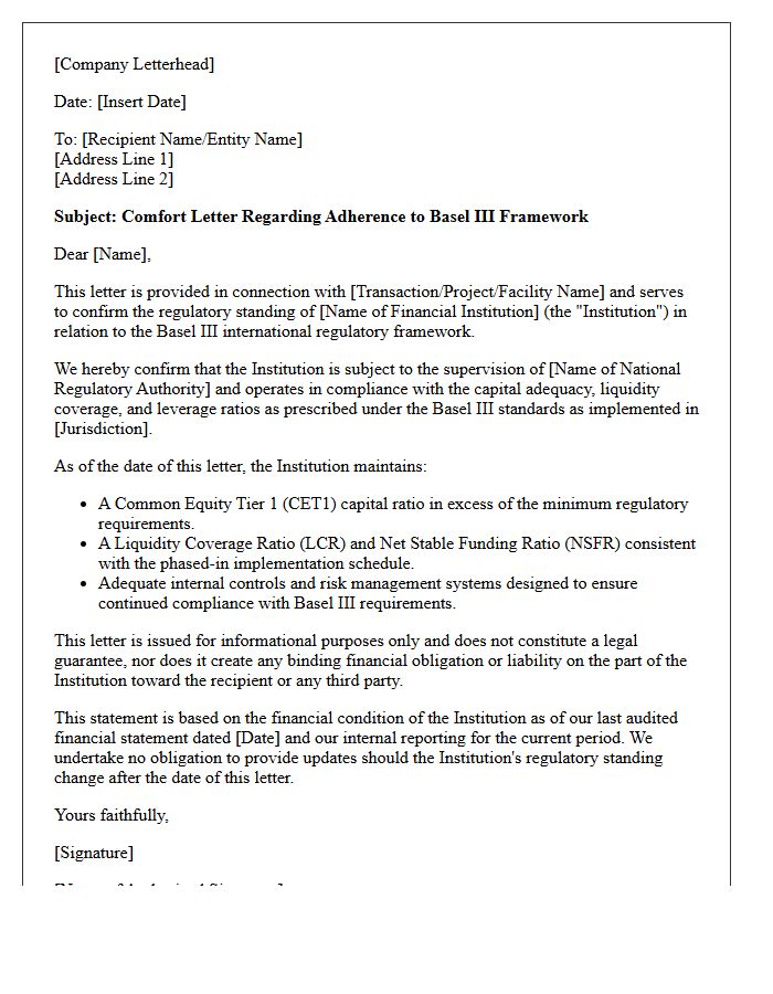 Comfort Letter for Basel III Framework Adherence