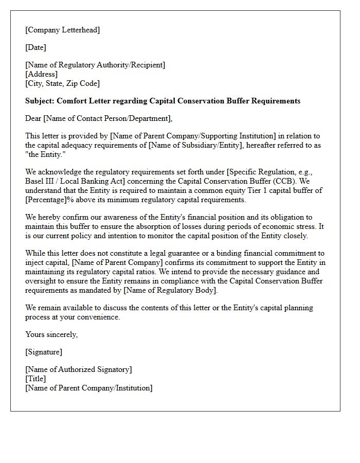Comfort Letter for Capital Conservation Buffer Requirements
